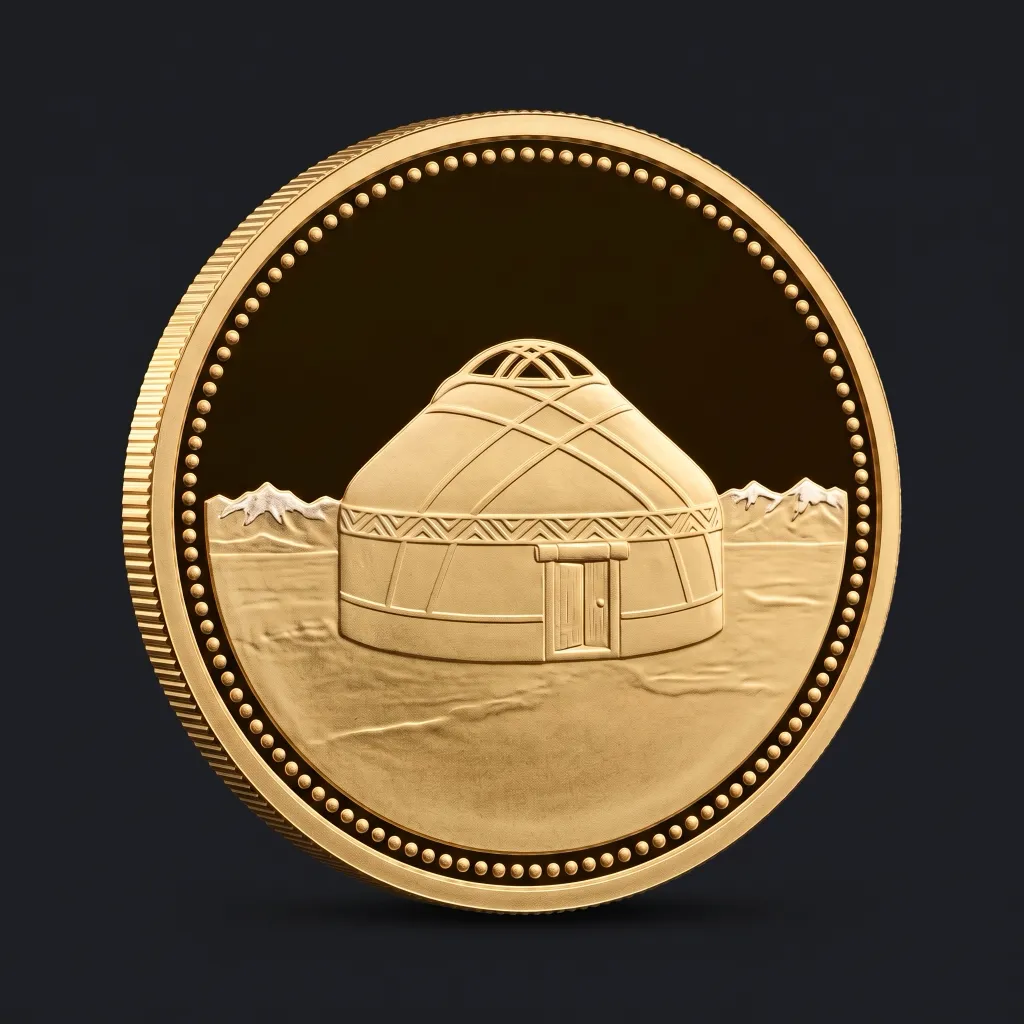 Classic icon: a gold coin showing a yurt among mountains