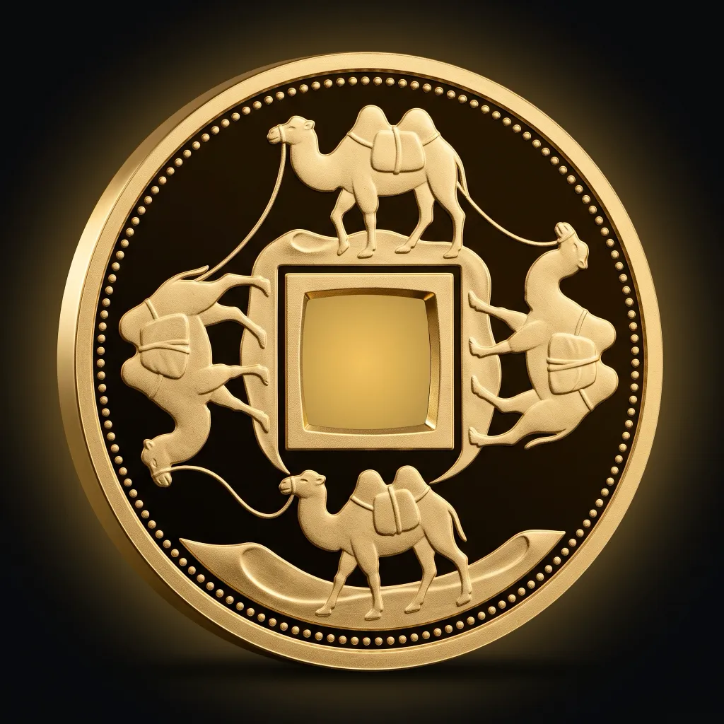 Caravan icon: four camels circling a square on a gold coin