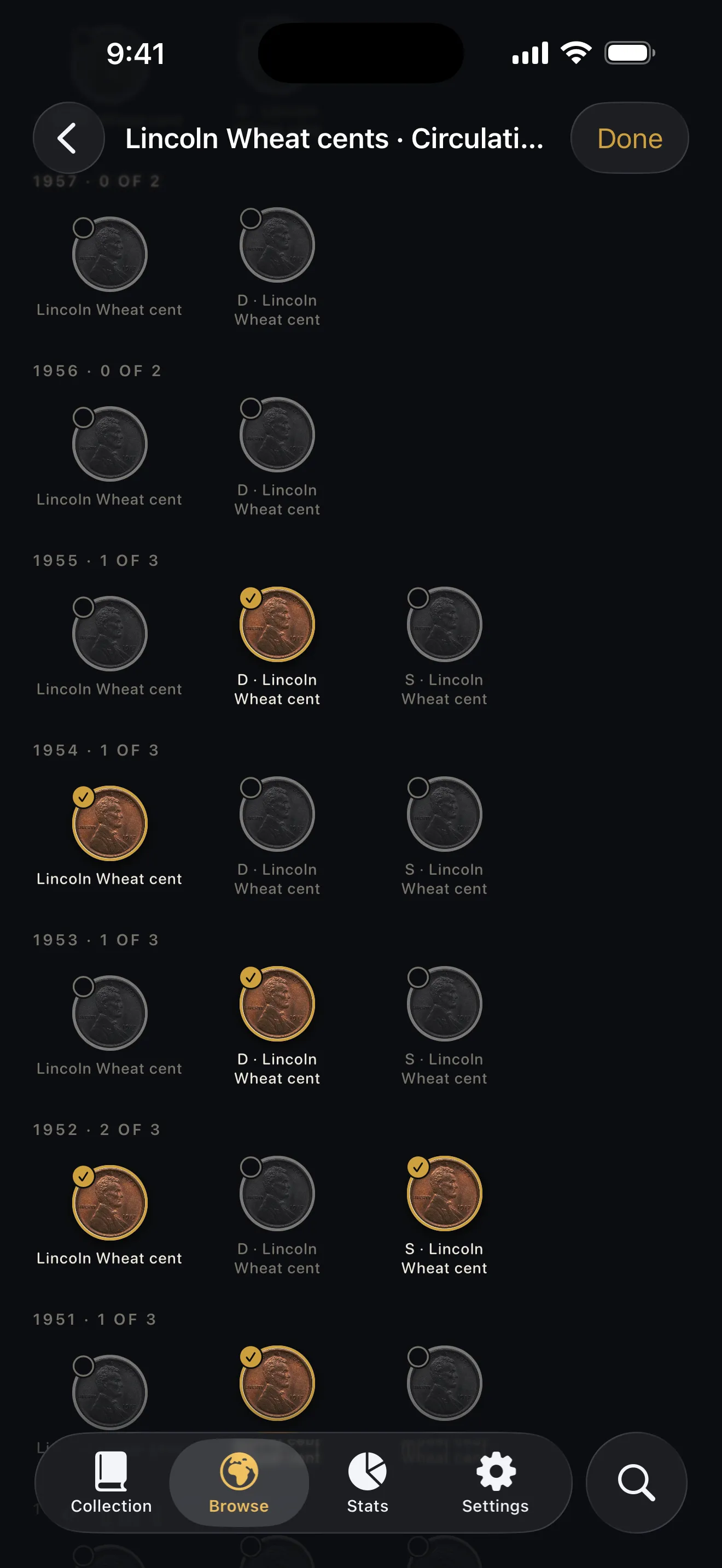 Collect mode on the Lincoln Wheat cents set, marking a run of coins owned in one pass