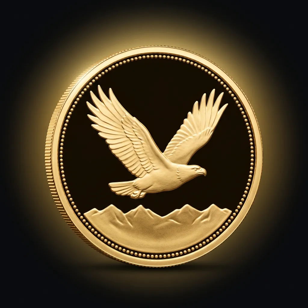 Eagle icon: an eagle in flight above mountains on a gold coin