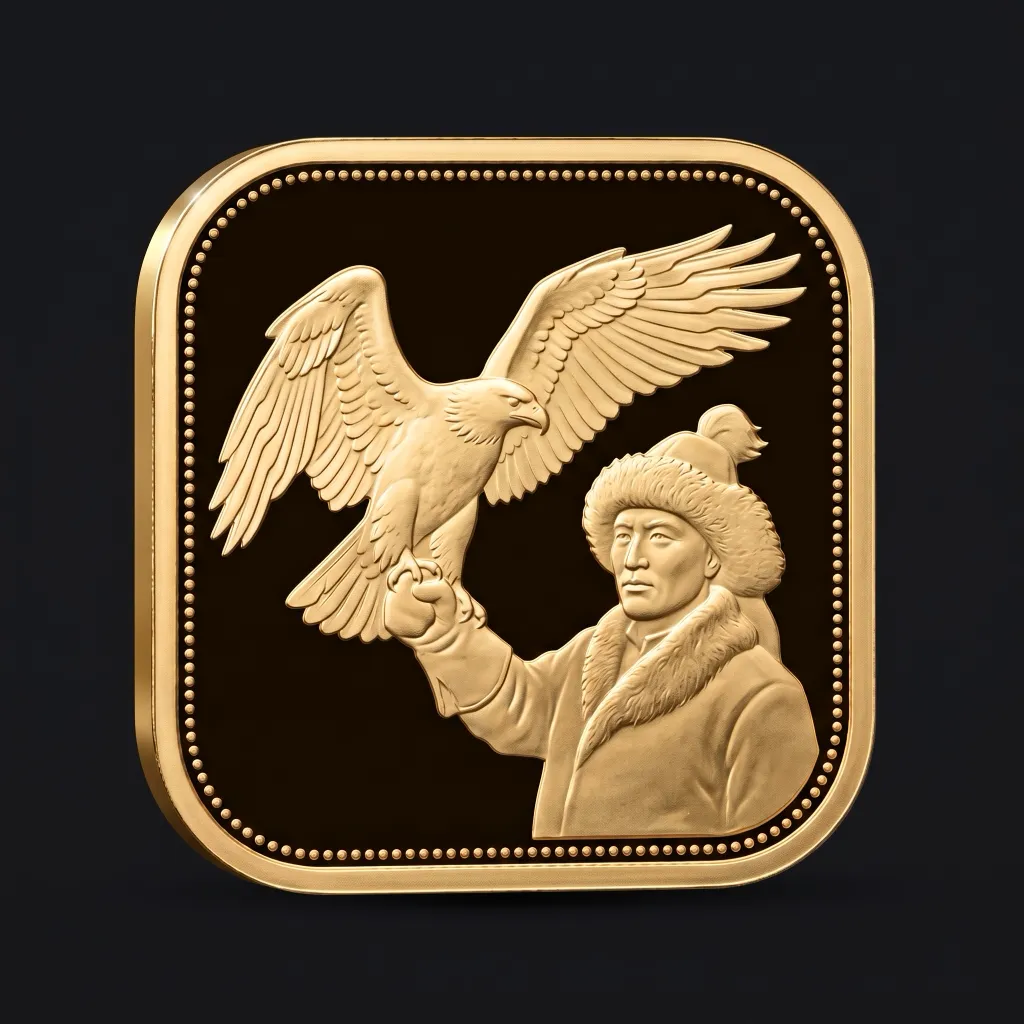 Falconer icon: a man in a fur hat holding a hunting eagle, on a rounded gold square