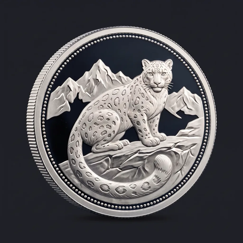 Snow leopard icon: a snow leopard on a rock before mountains, on a silver coin