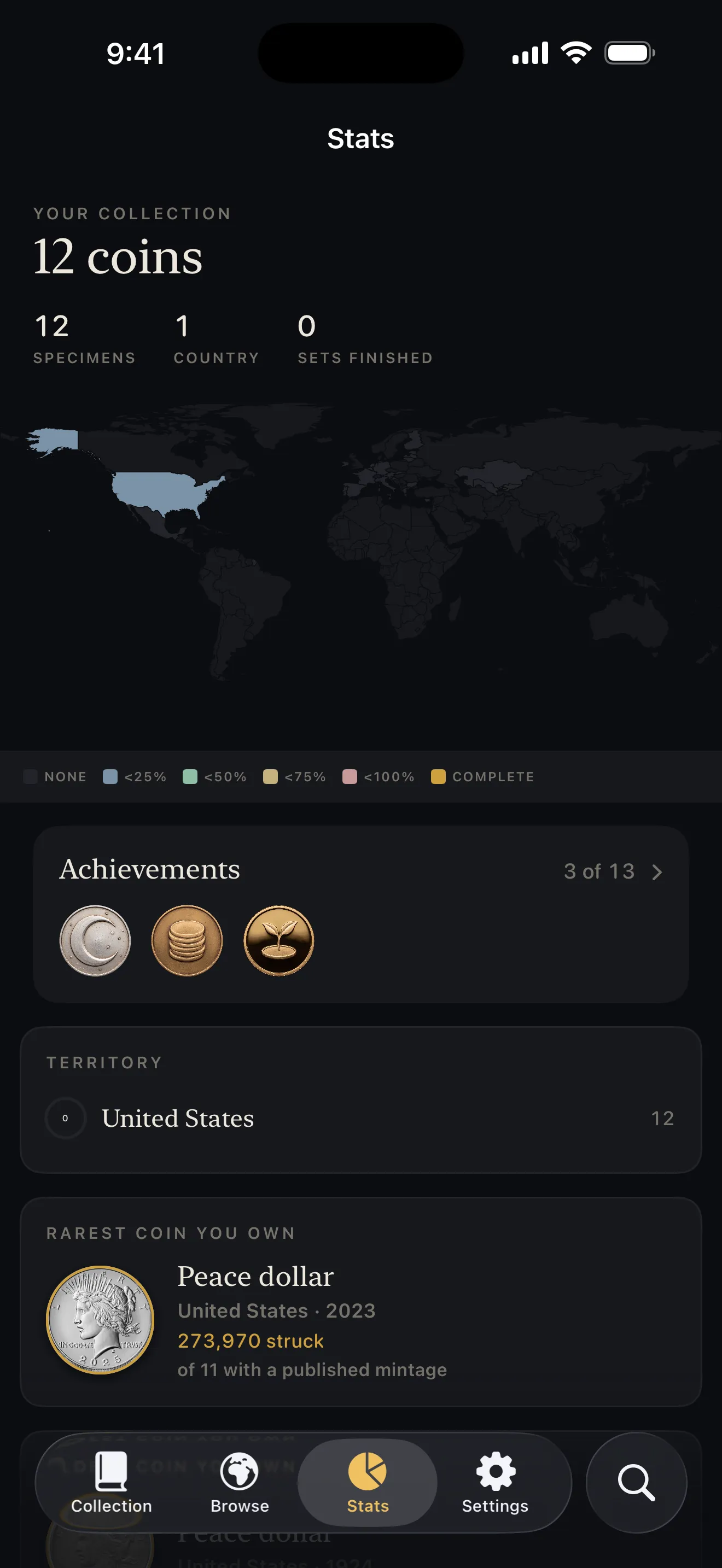 The Stats screen: 12 coins from one country, shown on a world map, 3 of 13 achievements, and the rarest coin owned, a 2023 Peace dollar with 273,970 struck